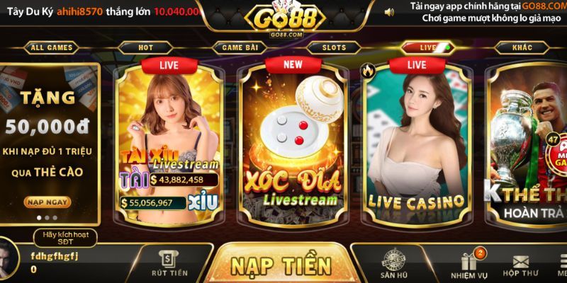 Trải nghiệm sảnh game casino Go88 siêu hấp dẫn